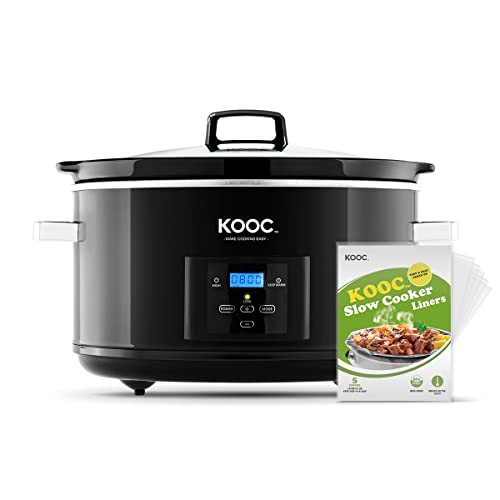 KOOC 85Quart Programmable Slow Cooker Larger than 8 Quart More Practical than 10 Quart with Digital Countdown Timer Free Liners Included for Easy Cleanup Upgraded Ceramic pot Adjustable Temp Nutrient Loss Reduction Black Oval…