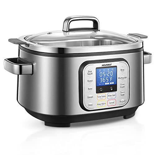Slow Cooker HOUSNAT 10 in 1 Programmable Cooker 6Qt Stainless Steel Rice Cooker Yogurt Maker Delay Start Steaming Rack and Glass Lid Adjustable TempTime for Slow Cook with Digital Timer