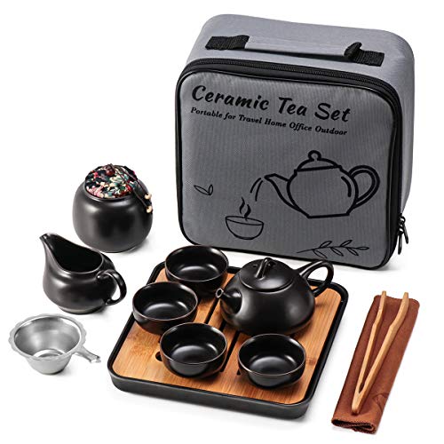 Ceramic Mini Gungfu Tea SetTravel Teapot with Tray Tea Infuser 4 Teacups Porcelain Chinese Tea Pot Set All in One Gift Portable Bag for Home Hotel Picnic