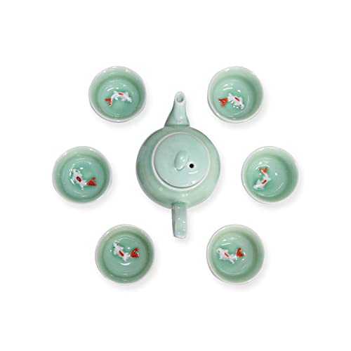 FEIZEMAO Chinese Kung Fu Tea Set Hand Painted Porcelain(6 Cups with Teapot)Green Teacups Koi Fish Design