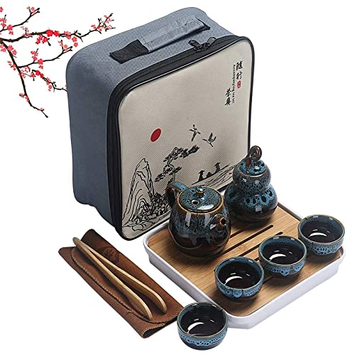 Flyzy Chinese Kongfu Tea SetPortable Ceramic Porcelain Travel Tea Set with Tea cup teapot tea caddy Bamboo TrayTea ClipTea towel and Carrying Bag Suitable for Travel HomeOutdoor and Office