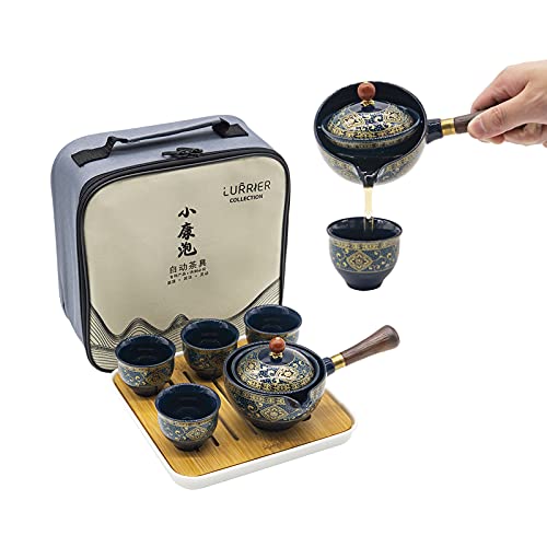 LURRIER Porcelain Chinese Gongfu Tea SetPortable Teapot Set with 360 Rotation Tea maker and InfuserPortable All in One Gift Bag for TravelHomeGiftingOutdoor and Office (Floral Blue)