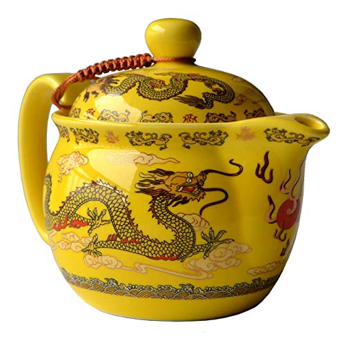 Teapot 12oz Chinese King Yellow Porcelain Flying Two Dragon Game Bead Sea Stainless Mash Infuser for Loose Tea (Yellow Golden dragon)