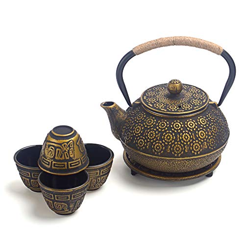 6 Piece Set Gold Japanese Cast Iron Teapot(30 oz 900 ml) with 4 Tea Cups (2 oz each) Leaf Tea Infuser and Trivet