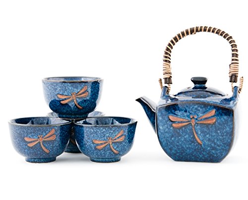 Authentic Imported Japanese Blue Dragonfly Tombo Pottery Tea Set with Strainer and 4 Tea Cups Gift Set Made In Japan