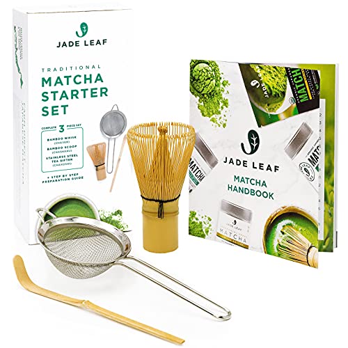 Jade Leaf Traditional Matcha Starter Set  Bamboo Matcha Whisk (Chasen) Scoop (Chashaku) Stainless Steel Sifter Fully Printed Handbook  Japanese Tea Set