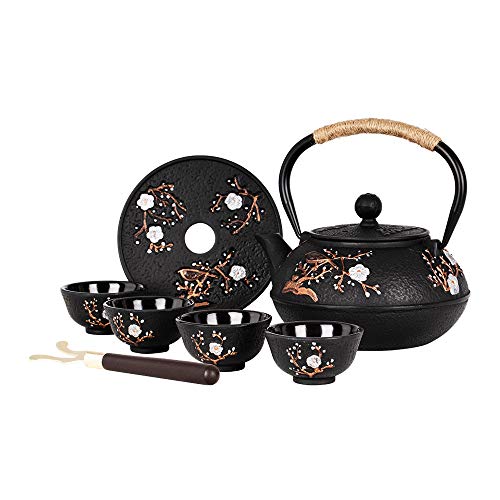 Japanese Style Cast Iron Teapot with 4 Tea Cups Trivet Tetsubin Tea Kettle with Infuser Chinese Iron Tea Set Black Gift for Adults Family Friend ( Magpie and Plum Pattern)
