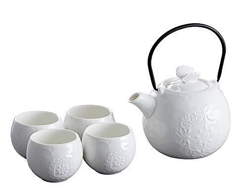 Japanese Style Tea SetWhite Teapot Cups Set Modern Porcelain Tea Pot with 4 Teacups with build in infuser for Loose Tea For Restaurant and Home Daily use