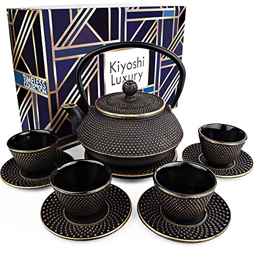 KIYOSHI Luxury 11PC Japanese Tea SetBlack and Gold Cast Iron Tea Pot 26Oz with 4 Tea Cups (2Oz each) 4 Saucers Leaf Tea Infuser and Trivet Ceremonial Matcha Accessories