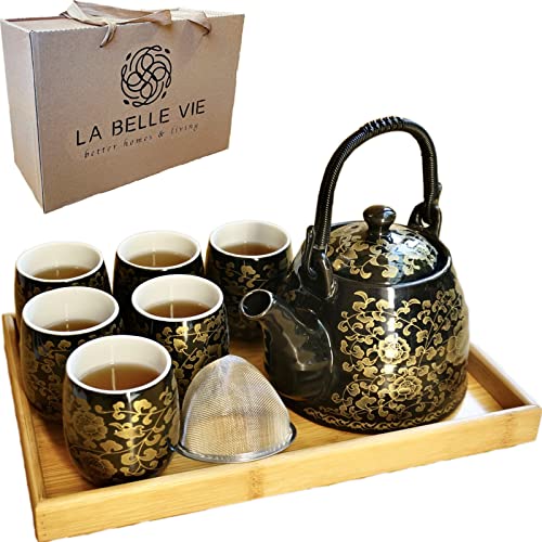 Traditional Japanese Tea Set Pretty Black Tea Set with Tray and Infuser ChineseAsian Tea Sets for 6 Adults Porcelain Tea Pot and Tea Cups Large Teapot Gift for Women Men Birthday Housewarming