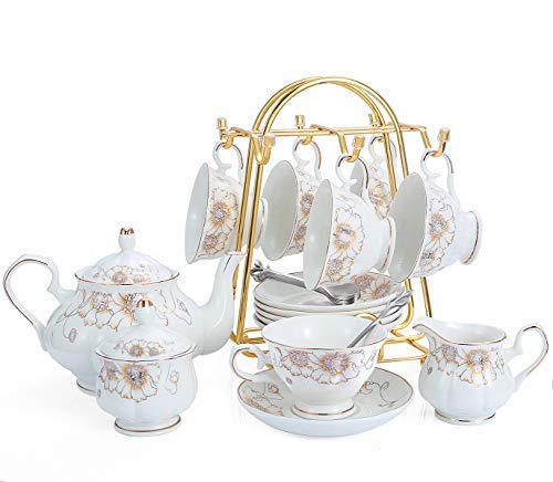 22Piece Porcelain Ceramic Coffee Tea Gift Sets Cups Saucer Service for 6 Teapot Sugar Bowl Creamer Pitcher and Teaspoons