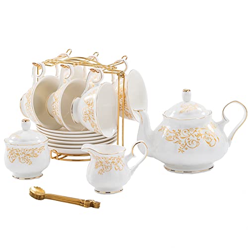 Daveinmic 22Pieces Porcelain Tea Set Cups Saucer Service for 6 with SpoonsTeapotSugar BowlCreamer Pitcher and Golden Metal RackChina Tea Gift Sets for HomeParty