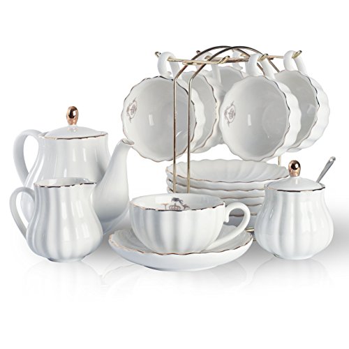 Porcelain Tea Sets British Royal Series 8 OZ Cups Saucer Service for 6 with Teapot Sugar Bowl Cream Pitcher Teaspoons and tea strainer for TeaCoffee Pukka Home (Pure White)