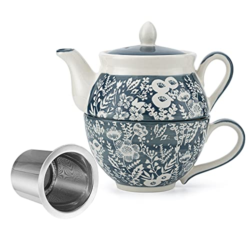 Taimei Teatime Ceramic Tea for One Set 15 OZ Teapot with Infuser and Cup Set Grey Teapot Set for one Loose Leaf Tea Maker Set Tea Set for Women Adults Office Home Gift
