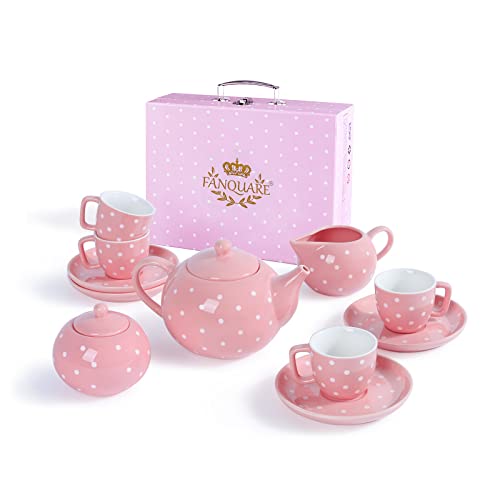 fanquare Porcelain Tea Service Set Role Play Tea Set Tea Gift Set for Holiday Pink Tea Set Polka Dot