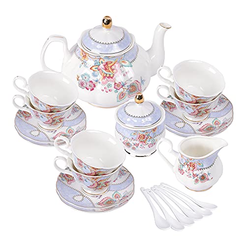 fanquare Purple Flowers Porcelain Tea Set Tea Cup and Saucer Set Wedding Tea Service for 6 China Coffee Set