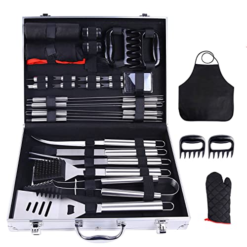 BBQ Griddle Spatula Tool Set Ohuhu 31 PCS Heavy Duty Stainless Steel Grill Accessories Utensils Kit with Aluminium Case Outdoor Grilling Tools with Barbecue Claws Apron Gloves Gifts for Men Dad