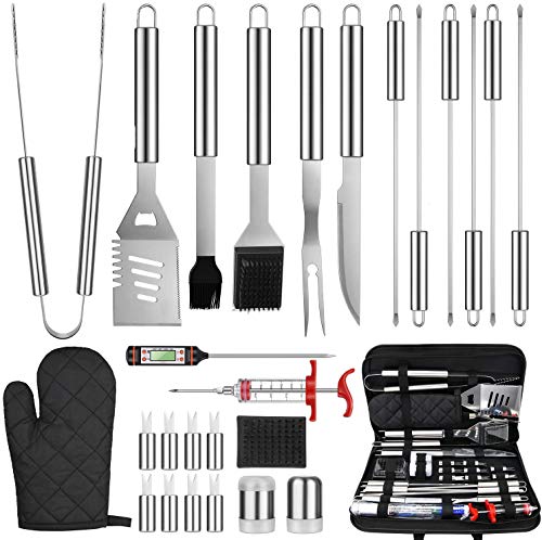 BBQ Grill Accessories 27PCs BBQ Tools Set Stainless Steel Grill Tools Set Grilling Kit for Men Women with Spatula Thermometer Meat Injector Gloves Barbecue Utensils Gift for Smoker Camping