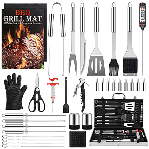 Birald Grill Set BBQ Tools Grilling Tools Set Gifts for Men 34PCS Stainless Steel Grill Accessories with Aluminum CaseThermometer Grill Mats for CampingBackyard BarbecueGrill Utensils Set for Dad