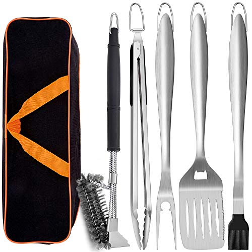 Leonyo Grill Tools Set of 6 18inch Extralong BBQ Tool Set Heavyduty Barbecue Grilling Accessories Stainless Steel Spatula Fork Tong Basting Brush Cleaning Brush  Carrying Bag  Black Handle