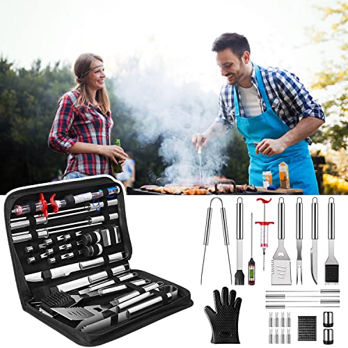 What are Grill Essentials Grill Accessories BBQ Tools Set 25PCS Stainless Steel Grilling Kit for Smoker Camping Kitchen Barbecue Utensil Gifts for Men Women with Thermometer and Meat Injector