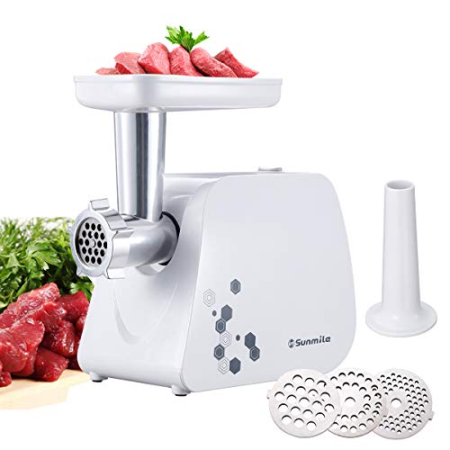 Sunmile Electric Meat Grinder and Sausage Maker  1HP 1000W Max  Stainless Steel Cutting Blade and 3 Grinding Plates1 Big Sausage Staff Maker (White)