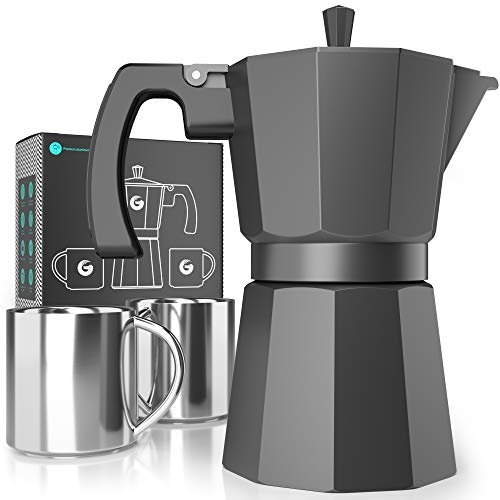 Coffee Gator Moka Pot  6 Cup Stovetop Espresso Maker  Classic Italian and Cuban Coffee Percolator w 2 StainlessSteel Cups  Matte Grey Aluminum