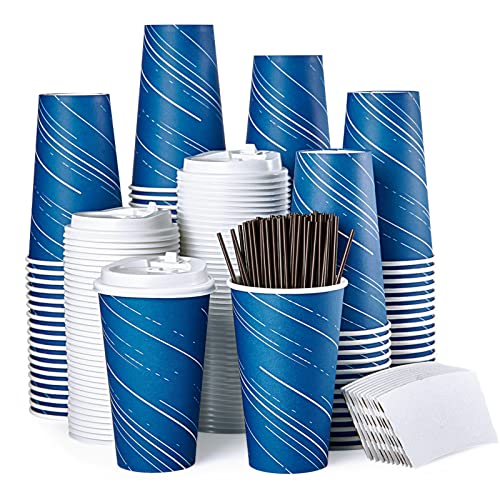 100 Pack 16 oz Paper Coffee Cups ColdHot Drinking Cups Disposable Coffee Cups With Lids Sleeves And Stirring Sticks Recycled Paper Coffee Cups For Home Traveling Stores Office And Events