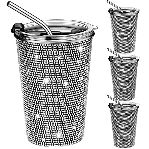 4 Pcs Bling Diamond Straw Cup 20 oz Bling Tumblers with Lids and Straws Stainless Steel Water Bottle Studded Glitter Coffee Water Tumbler Leak Proof Cup for Gym Fitness Travel Office Use