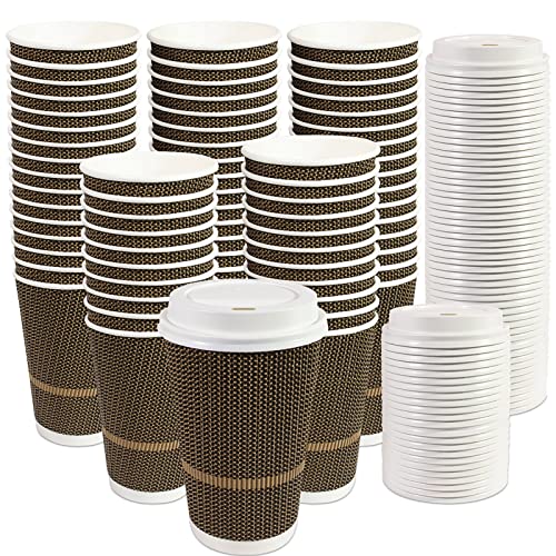 Coffee Cups with Lids 16 oz (72 Pack) Brown Paper Cups Insulated To Go Coffee Hot Cups with Lids and Straws 16 oz Disposable cups with lids for Office Party Home Travel
