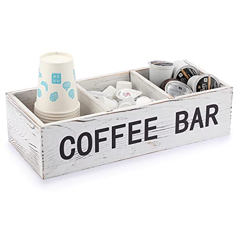 ELLDOO Coffee Pod Holder Storage Coffee Bar Wooden Storage Box with Removable Grids Coffee Station Organizer for K Cup Rustic Coffee Accessories for Counter Home Decor White Wood