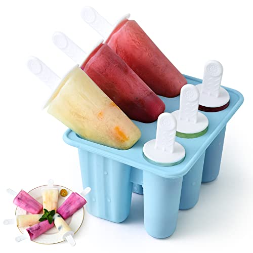 6 Cavity Ice Lolly Moulds 2 Shapes Silicone Popsicle Molds Ice Cream Mould with Sticks Reusable Ice Pop Moulds BPA Free Ice Lolly Maker for Children Adults DIY Ice Popsicle Mold (Blue)