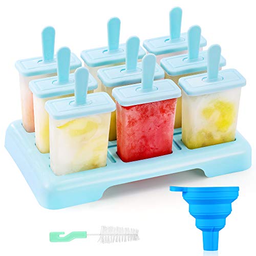 ANSMIO Ice Pop Molds 9 Popsicle Molds Ice Cream Moulds Reusable DIY Ideas Ice Lolly Stick  Comes with a Cleaning Brush and Funnel(Blue)
