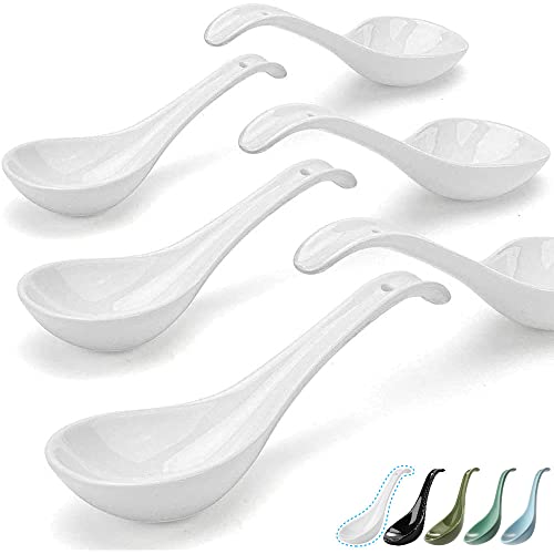 Artena Bright White 675 inch Asian Soup Spoons Set of 6 Ultrafine Porcelain Tablespoon ChineseJapanese Kitchen Soup Spoons for Cereal Small Spoons for Ramen Pho  Deep Oval Hook Design