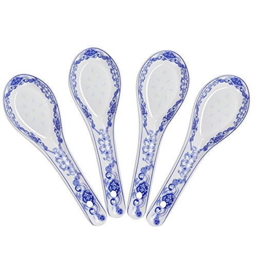 Porlien 5inch Porcelain Chinese Knot Blue Floral Soup Spoons Set of 4