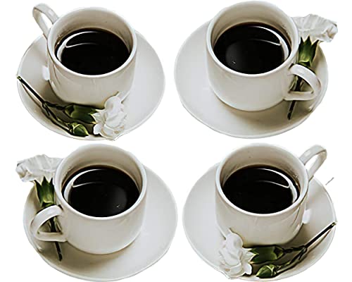 4oz Espresso Cups Set of 4 With Matching Saucers  Premium White Porcelain 8 Piece Gift Box Demitasse Set  Italian Caffè Mugs Turkish Coffee Cup  Lungo Shots Dopio Double Shot  White Set