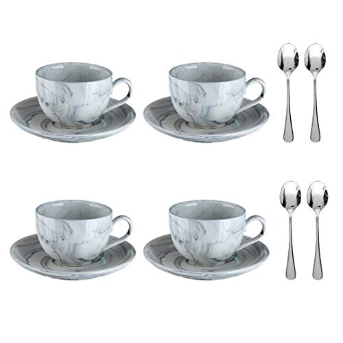 CHILDIKE Ceramic Espresso Cups  4 Ounce Demitasse Cups and Saucers Set of 4 with Espresso Spoons Porcelain Cappuccino Cups for Latte Coffee Tea Mocha (Grey Marbled)