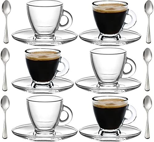 Espresso Cups 32 oz Small Demitasse Clear Glass Espresso Drinkware Set Of Cups Saucers and Stainless Steel mini Spoons  Free Glass Spoons (set of 6)