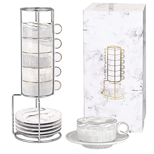 Espresso Mugs Set of 6 with Rack Marble Stackable Espresso Cups with Stand and Saucers Espresso Cups Set of 6 Demitasse Cups Designed for Espresso Cups and Saucers Sets 3 Ounce Gray