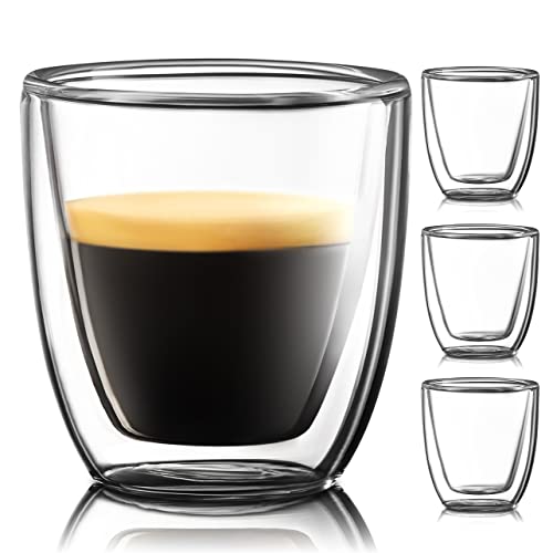 Glass Espresso Cups Set of 4  Double Walled Espresso Cups 27 OZ  Wide Italian Style Clear Doppio Espresso Cup  Double Espresso Cups  Espresso Accessories Small Double Wall Expresso Coffee Cup