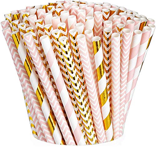 200 Pack Pink  Gold Paper Drinking Straws 100 Biodegradable MultiPattern Party Straws For Birthday Wedding Bridal Baby Shower And Holiday Decoration