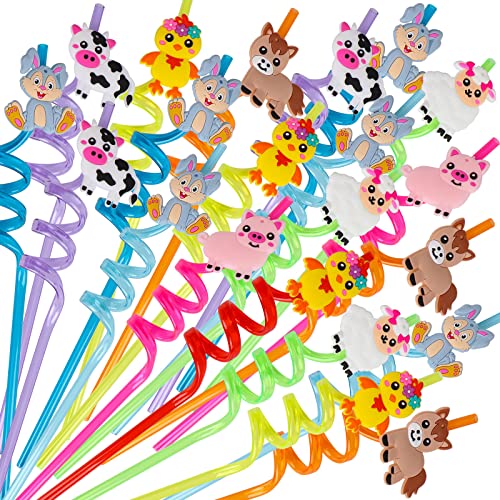 24Pack Farm Animal Straws for Birthday Party Favors Supplies Plastic Fun Animal Drinking Straws