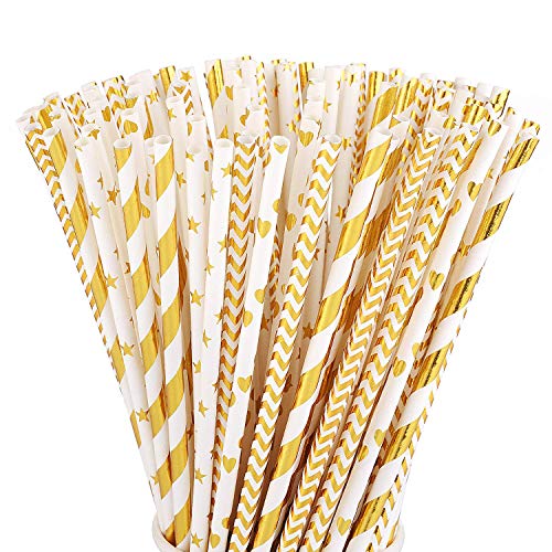 ALINK Biodegradable Gold Paper Straws Bulk Pack of 100 Metallic Foil StripedWaveHeartStar Straws for Birthday Wedding BridalBaby Shower Celebrations and Party Supplies