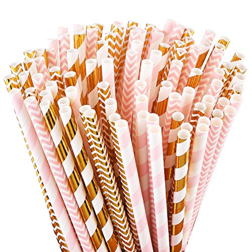 ALINK Biodegradable Paper Straws 100 Pink Straws  Gold Straws for Party Supplies Birthday Wedding Bridal  Baby Shower Christmas Decorations and Holiday Celebrations