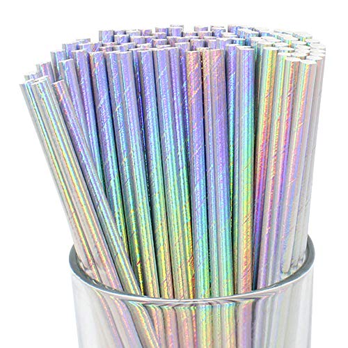 Just Artifacts Iridescent Disposable Drinking Party Paper Straws (100pcs Silver)