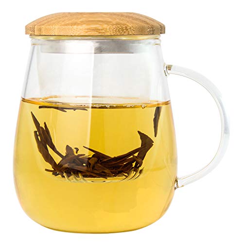 18 oz Glass Tea Mugs 550 ml Clear Tea Cups with Bamboo Lid and Infuser Basket Borosilicate Glass Tea Infuser Cup for Office and Home Uses Loose Leaf Tea Steeping Mug Glass Teapots Clear Tea Mug Gift