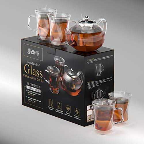 40 Oz Unique Tea pot Set Glass teapot Set with 4 double wall insulated Glass Cups Tea Kettles Stovetop Tea maker With Infusers For Loose Tea Infuser Glass tea Kettle Perfect Mom Gift