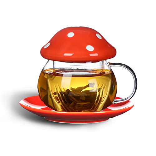 Mushroom Cup Cute Glass Tea Cup with Infuser and Lid Kawaii Mushroom Mug Set Coffee Teapot with Ceramic Coasters 11oz (Orange)