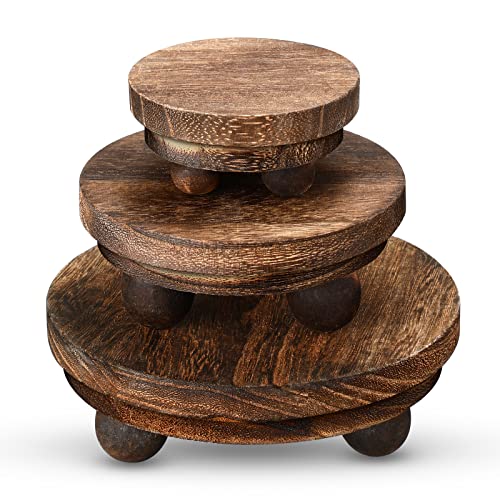 3 Pieces Wood Risers for Decor Wood Pedestal Mini Riser Stand Round Wooden Riser Rustic Farmhouse Riser for Decor Tiered Tray Decor Riser for Home Kitchen (Brown)