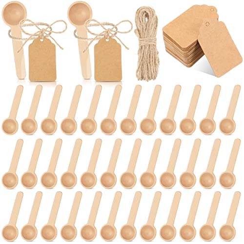 50 Sets 3 Inch Mini Wooden Spoons Small Wooden Spoons Disposable Small Spoons for Spice Jars Wood Spoons with Tags and Twine Condiments Honey Sugar Kitchen Cooking Oil Tea Coffee Not Include Jar